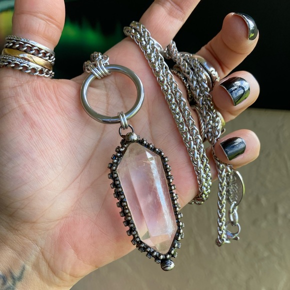 LONG 26 inch chain BIG Crystal quartz black electroplated boho goth necklace - Picture 8 of 14